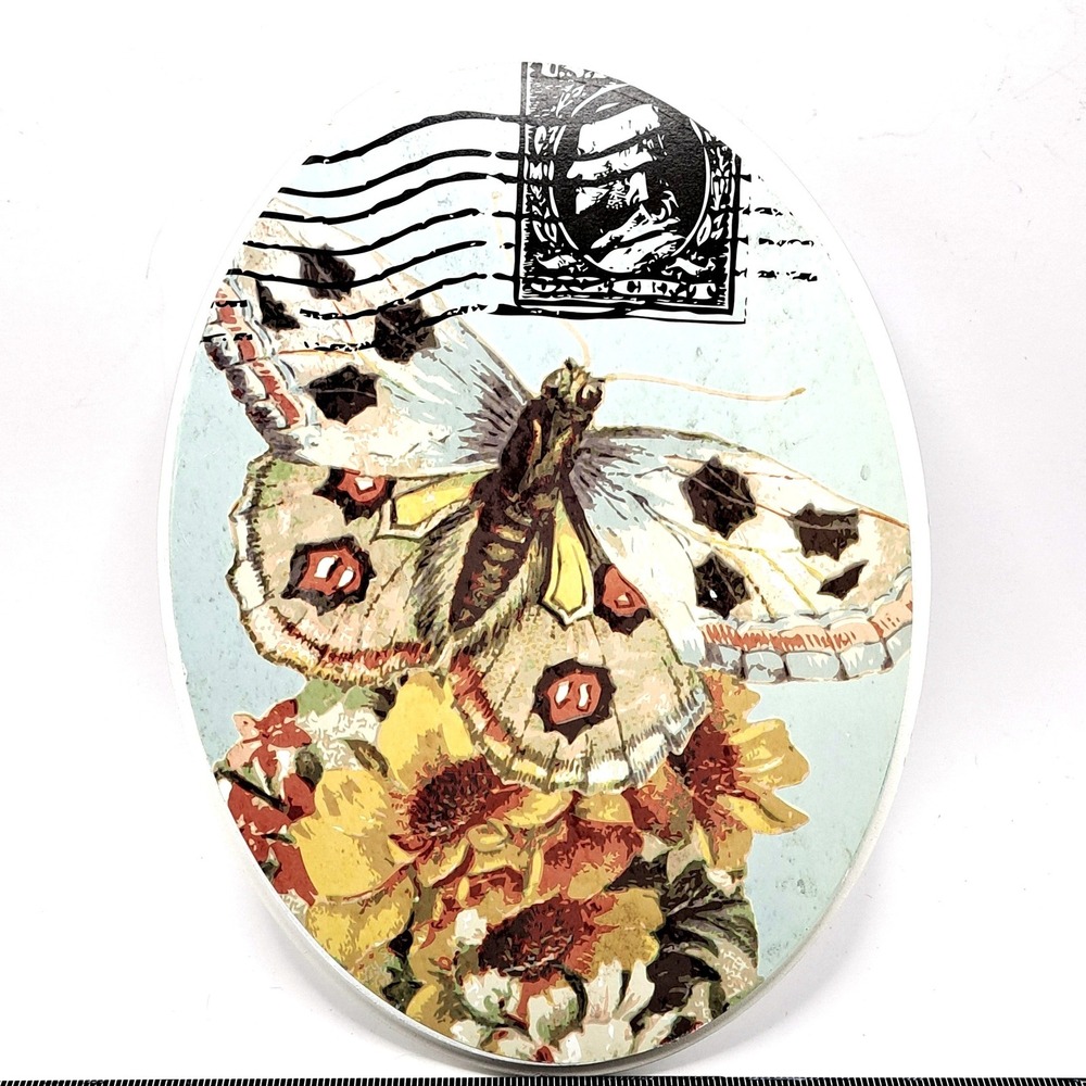 Elements Oval‎ Wall Plaque Butterfly Moth Sunflower NEW 11x8 Blue Postmark Decor